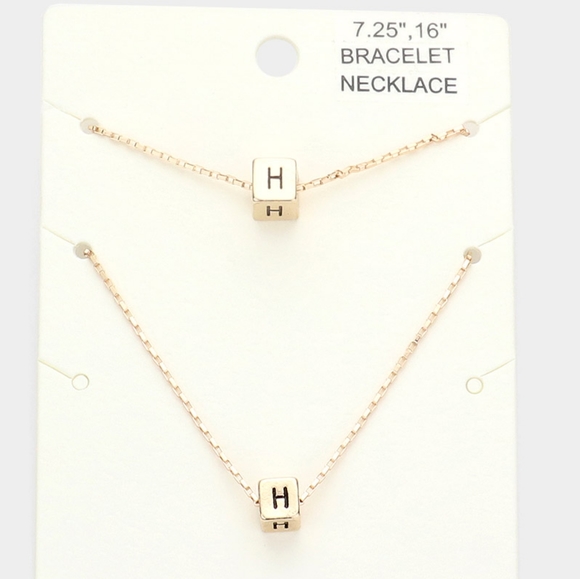 Gold Monogram "H" Cube Pendant Necklace Chain Set Bracelet Boxed Square Initial - Picture 1 of 2
